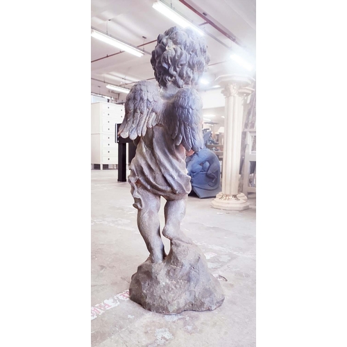 357 - SCULPTURAL PUTTO HOLDING BOWL, cast metal, 74cm H approx.