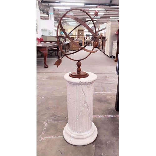 360 - FAUX STONE COLUMN, with oxidised metal armillary sphere atop, 121cm H approx. (2)