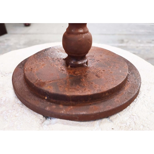 360 - FAUX STONE COLUMN, with oxidised metal armillary sphere atop, 121cm H approx. (2)