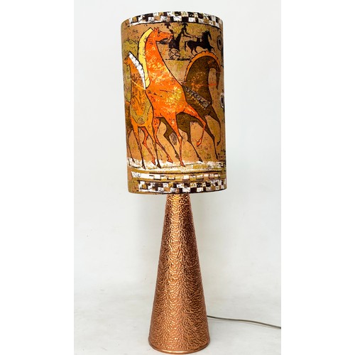 462 - LAMP, 1960's textured copper tapered with Tibor Reich fabric shade, 117cm H.