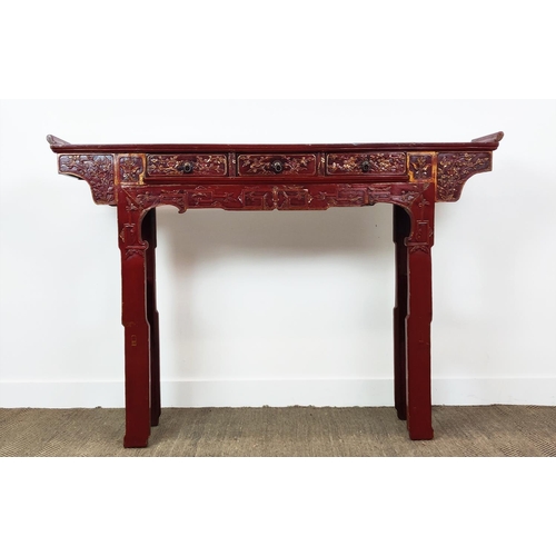 184 - ALTAR TABLE, Chinese red lacquer with carved detail and three drawers, 29cm D x 110cm H x 158cm W.