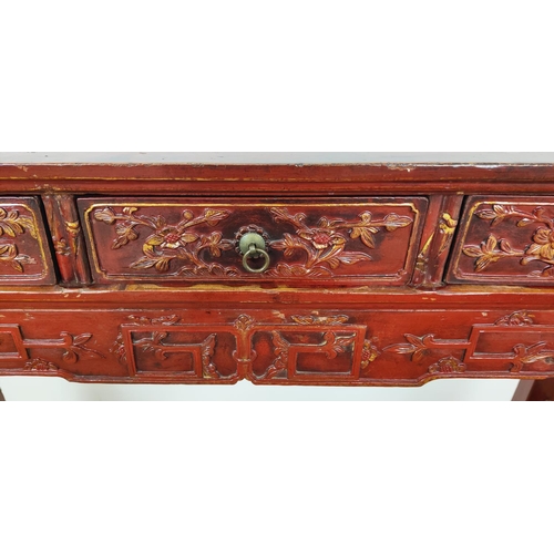 184 - ALTAR TABLE, Chinese red lacquer with carved detail and three drawers, 29cm D x 110cm H x 158cm W.