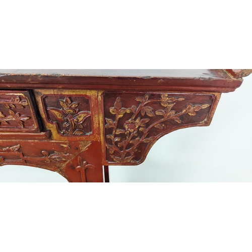 184 - ALTAR TABLE, Chinese red lacquer with carved detail and three drawers, 29cm D x 110cm H x 158cm W.