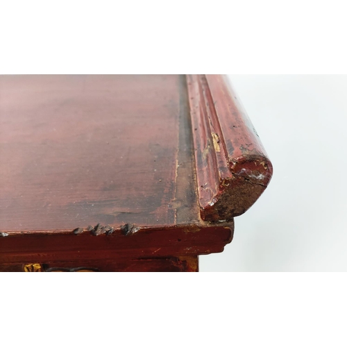 184 - ALTAR TABLE, Chinese red lacquer with carved detail and three drawers, 29cm D x 110cm H x 158cm W.