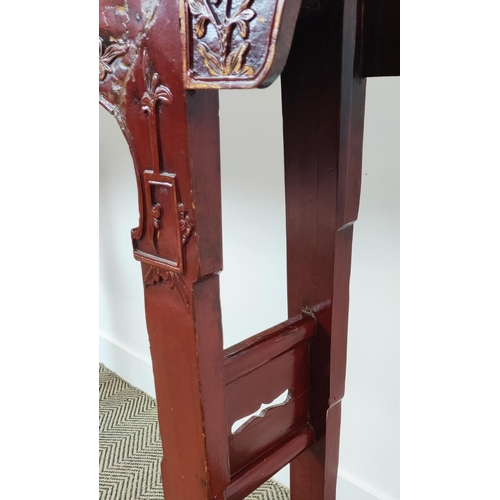 184 - ALTAR TABLE, Chinese red lacquer with carved detail and three drawers, 29cm D x 110cm H x 158cm W.