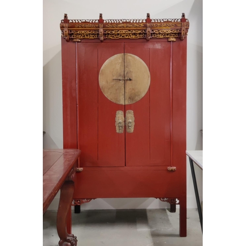 185 - CHINESE MARRIAGE CABINET, 101cm x 70cm D x 180cm H, red lacquer with carved and gilded fretwork deta... 