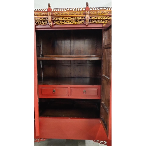 185 - CHINESE MARRIAGE CABINET, 101cm x 70cm D x 180cm H, red lacquer with carved and gilded fretwork deta... 