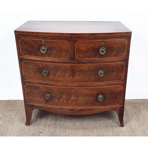 182 - BOWFRONT CHEST, Regency mahogany and line inlaid of four drawers, 90cm H x 90cm W x 52cm D.