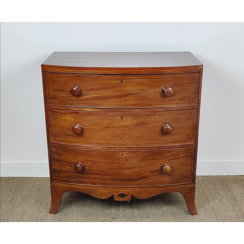 183 - BOWFRONT CHEST, Regency mahogany and line inlaid of three drawers, 95cm H x 94cm W x 53cm D.