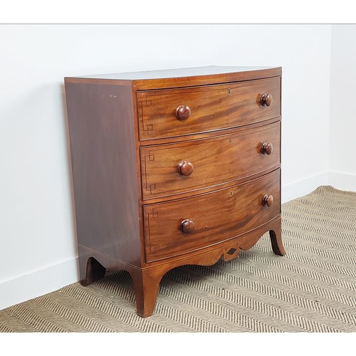 183 - BOWFRONT CHEST, Regency mahogany and line inlaid of three drawers, 95cm H x 94cm W x 53cm D.