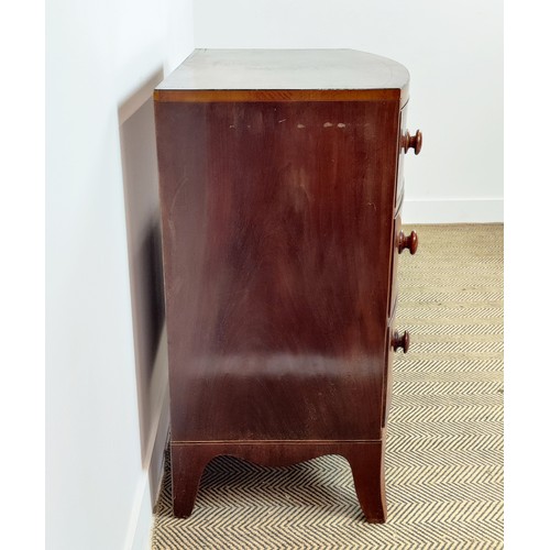 183 - BOWFRONT CHEST, Regency mahogany and line inlaid of three drawers, 95cm H x 94cm W x 53cm D.