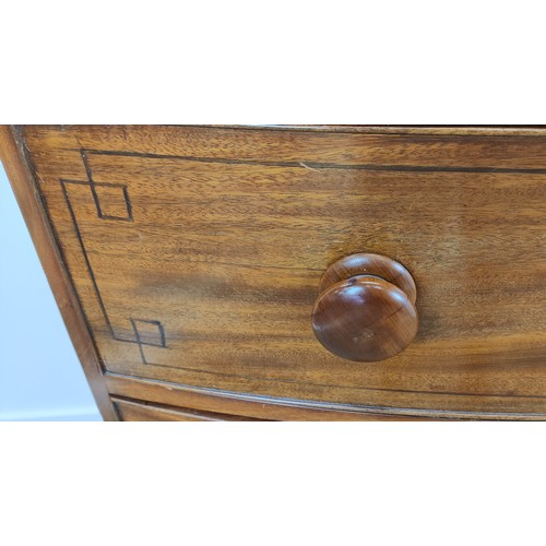 183 - BOWFRONT CHEST, Regency mahogany and line inlaid of three drawers, 95cm H x 94cm W x 53cm D.