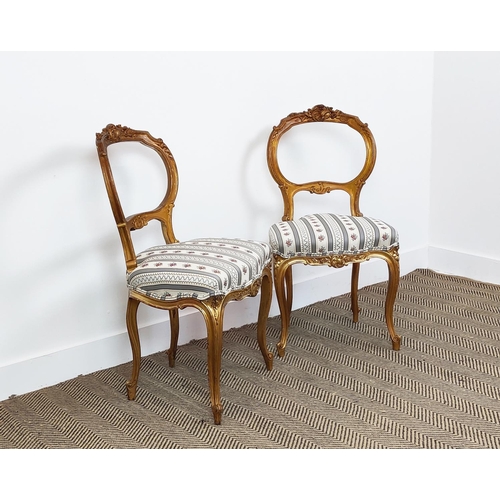 178 - JAMES SHOOLBRED & CO. SALON CHAIRS, a pair, late Victorian giltwood with striped stuffover seats, 88... 