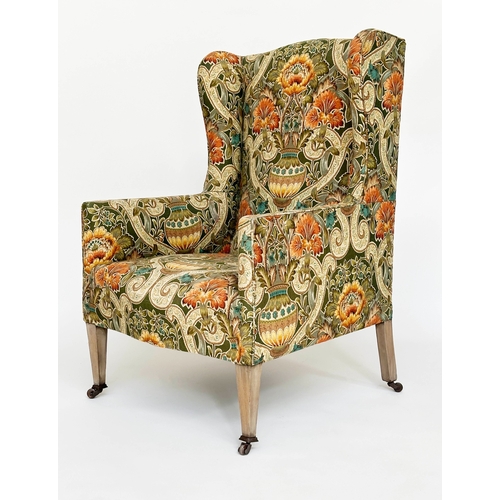 196 - WINGBACK ARMCHAIR, early 20th century English Edwardian with William de Morgan style upholstery and ... 