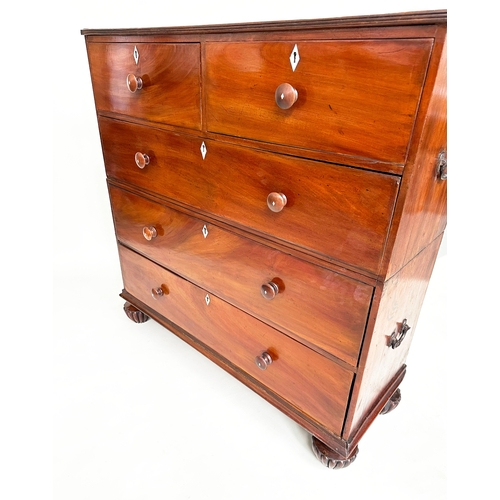 197 - COLONIAL HALL CHEST, mid 19th century teak and bone inlaid with two short above three long drawers i... 