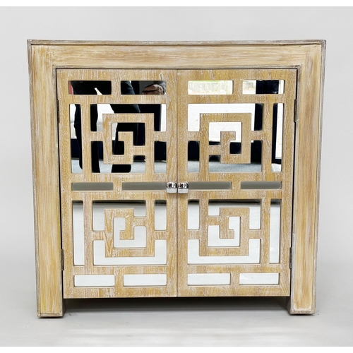 203 - SIDE CABINET, limed oak with two bevelled mirror lattice panelled doors, 79cm W x 77cm H x 40cm D.