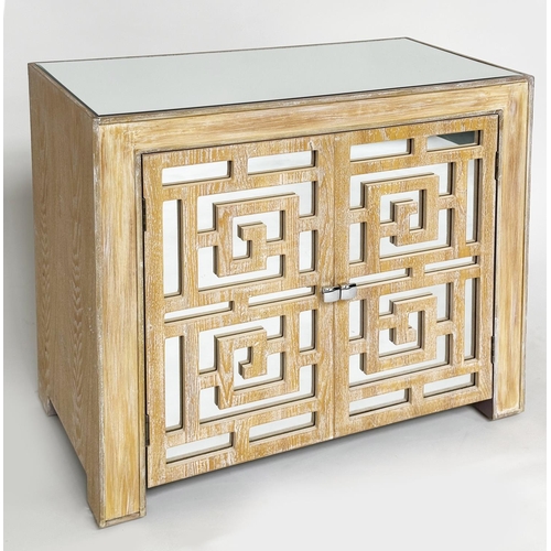 203 - SIDE CABINET, limed oak with two bevelled mirror lattice panelled doors, 79cm W x 77cm H x 40cm D.