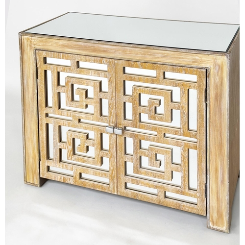 203 - SIDE CABINET, limed oak with two bevelled mirror lattice panelled doors, 79cm W x 77cm H x 40cm D.