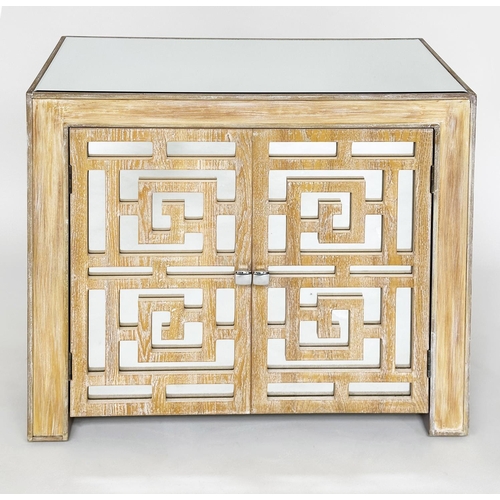 203 - SIDE CABINET, limed oak with two bevelled mirror lattice panelled doors, 79cm W x 77cm H x 40cm D.