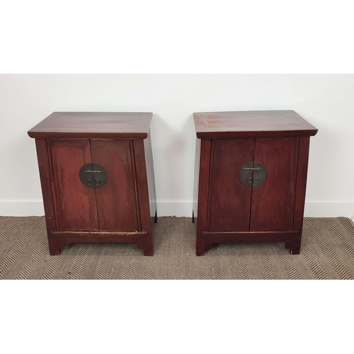 192 - SIDE CABINETS, a pair, Chinese lacquered, each with two doors enclosing a drawer and shelf, 75cm H x... 