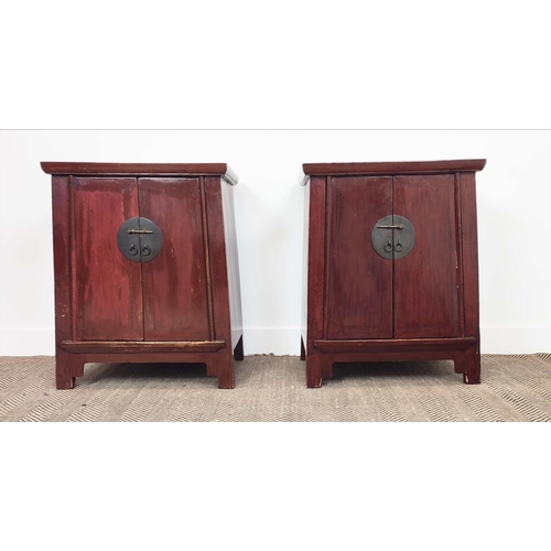 192 - SIDE CABINETS, a pair, Chinese lacquered, each with two doors enclosing a drawer and shelf, 75cm H x... 