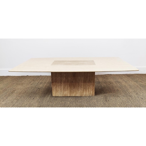 304 - LOW TABLE, laminated marble with two tone rounded rectangular top, 38cm H x 120cm W x 70cm D.