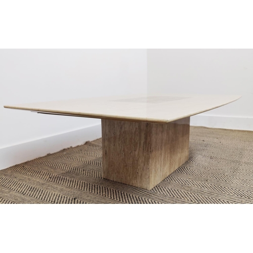 304 - LOW TABLE, laminated marble with two tone rounded rectangular top, 38cm H x 120cm W x 70cm D.