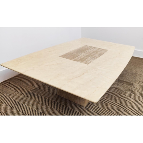 304 - LOW TABLE, laminated marble with two tone rounded rectangular top, 38cm H x 120cm W x 70cm D.