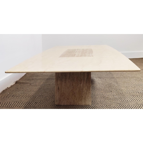 304 - LOW TABLE, laminated marble with two tone rounded rectangular top, 38cm H x 120cm W x 70cm D.