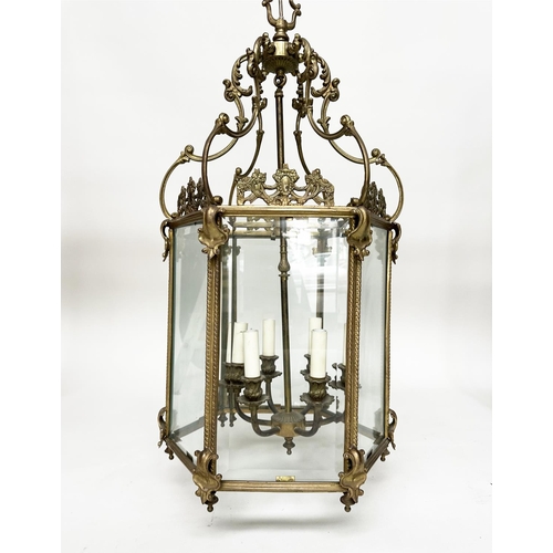 441 - HALL LANTERN, large Georgian style hexagonal and brass framed with bevelled glass and six light fitt... 