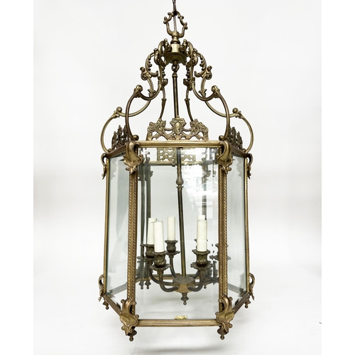 441 - HALL LANTERN, large Georgian style hexagonal and brass framed with bevelled glass and six light fitt... 