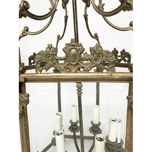 441 - HALL LANTERN, large Georgian style hexagonal and brass framed with bevelled glass and six light fitt... 