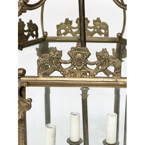 441 - HALL LANTERN, large Georgian style hexagonal and brass framed with bevelled glass and six light fitt... 