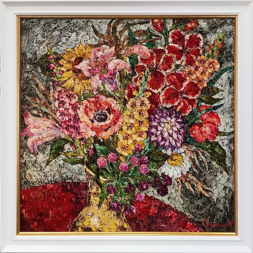 101 - NADEZHDA STUPINA (21st century), 'Summer flowers', oil on canvas, 90cm x 90cm.