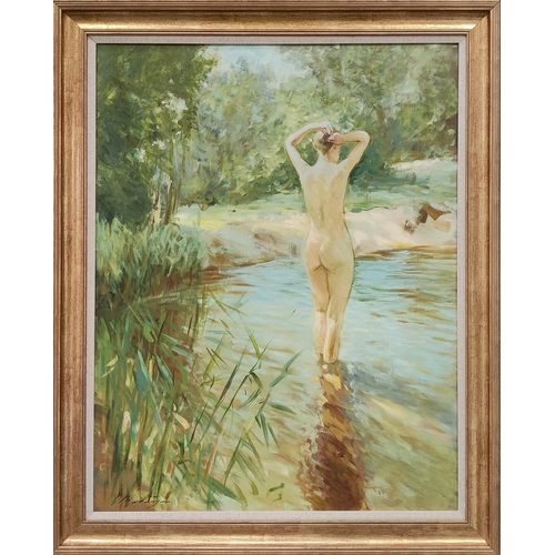 103 - ALEXANDR SHEVCHUK (21st century), 'The Forest Bather', oil on canvas, 90cm x 70cm.