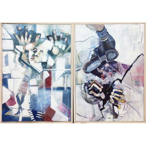 108 - BOBBIE BALE (20th century British), 'Abstract Figures', a pair, of oils on canvas, each 84cm x 59cm,... 