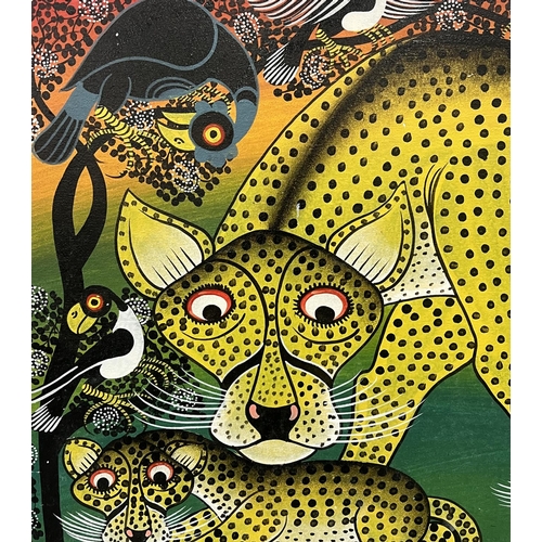 109 - CHIWONDA (20th century Tanzanian), 'Leopards and Toucans', oil on board, 60cm x 88cm, framed.