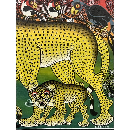 109 - CHIWONDA (20th century Tanzanian), 'Leopards and Toucans', oil on board, 60cm x 88cm, framed.