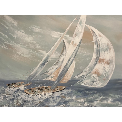 112 - LEE REYNOLDS (American 1936-2018) 'Sailing Boats', oil on canvas, 120cm x 150cm, framed.