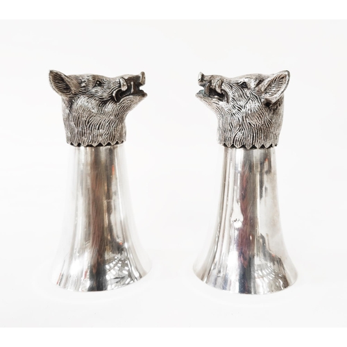 13 - VALENTI SPANISH SILVER PLATED CLARET JUG AND SET OF FOUR MATCHING STIRRUP CUPS, the claret jug with ... 