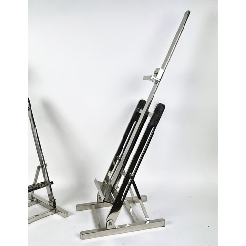 19 - EASELS, a pair, contemporary chrome, 105cm H. (2)