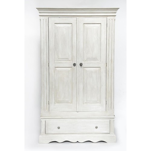 501 - ARMOIRE, French style traditionally grey painted with two panelled doors enclosing hanging above a f... 