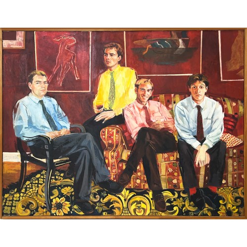 118 - MANNER OF DAVID HOCKNEY (British b.1937), 'Seated Gentlemen with Elizabeth Frink Paintings', oil on ... 