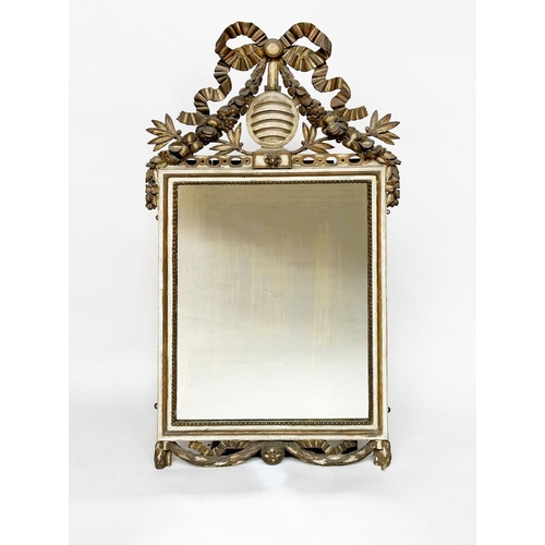 477 - WALL MIRROR, 19th century Italian carved giltwood with ribbon bow crest and beehive centre, beaded r... 