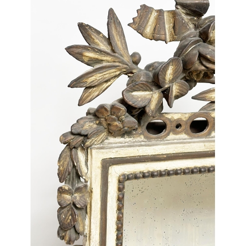 477 - WALL MIRROR, 19th century Italian carved giltwood with ribbon bow crest and beehive centre, beaded r... 