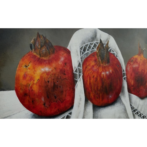 91 - ALISON RANKIN (20th century British), 'Three Pomegranates on White Cloth', acrylic on board, 35cm x ... 