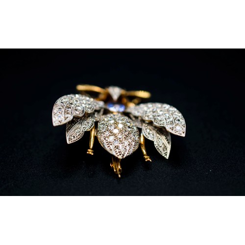 64 - YELLOW METAL SAPPHIRE AND DIAMOND SET INSECT BROOCH, circa 1940, in the form of a fly, possibly 15ct... 