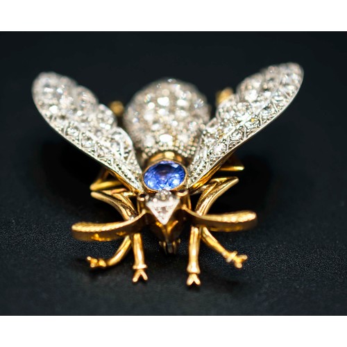 64 - YELLOW METAL SAPPHIRE AND DIAMOND SET INSECT BROOCH, circa 1940, in the form of a fly, possibly 15ct... 