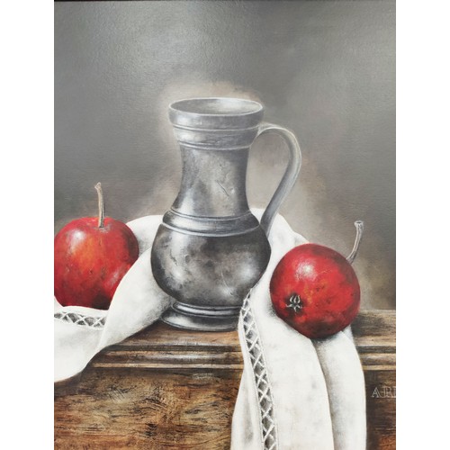 90 - ALISON RANKIN (20th century British), 'Apples and Pewter', acrylic on board, 37cm x 33cm, framed.