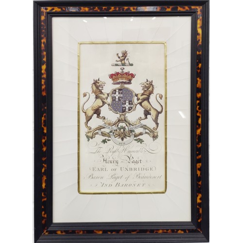 67 - HERALDIC PRINTS, a set of three, with ivorine mounts and faux tortoise shell frames, each 67cm x 46c... 